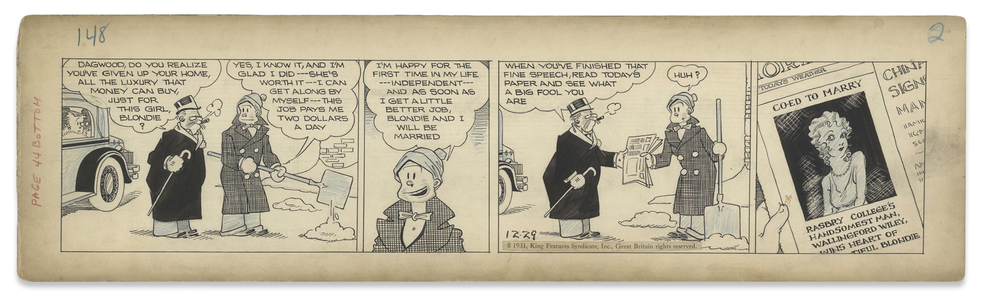 Chic Young Hand-Drawn ''Blondie'' Comic Strip From 1931 Titled ''The Big News!'' -- Dagwood Is Crushed With a Wedding Announcement for Blondie & Another Man